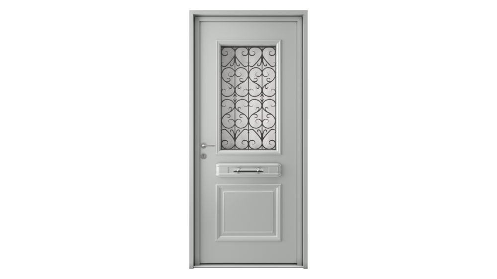 Porte d'entrée aluminium IKARIA 2 Porte d'entrée grise avec décor vitrée et grille noire et barre de tirage